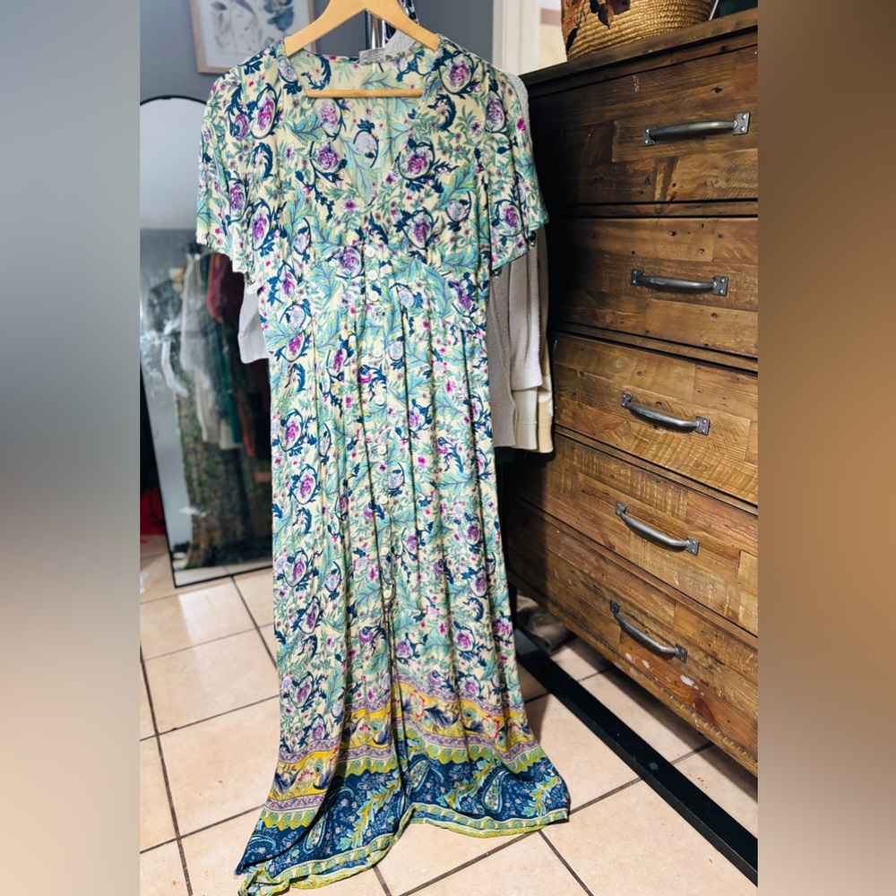 Studio Women's Lt Green Floral BOHO Print Maxi Dress Ruffle Sleeve- XL